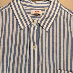 Levis Shirt Cotton Blend L Men's Blue Stripes Short Sleeve Workwear Outdoors